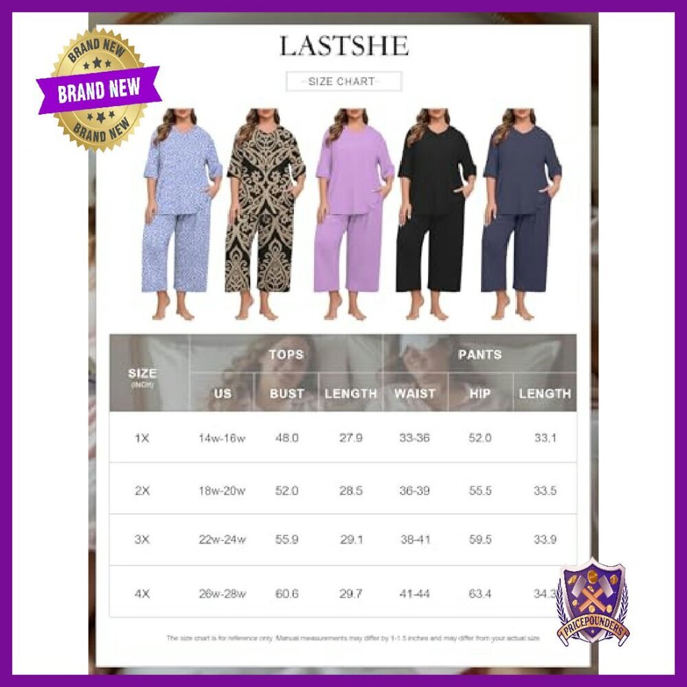Plus Size Pajama Set V-Neck Capri Pants Soft Knit Sleepwear Loungewear - Picture 7 of 7